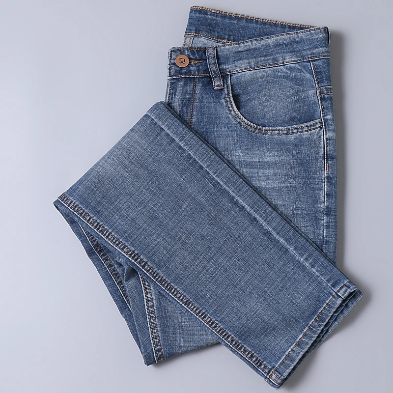 

2021 spring and summer classic retro blue lightweight cotton stretch jeans trend brand men's fashion slim straight thin jeans