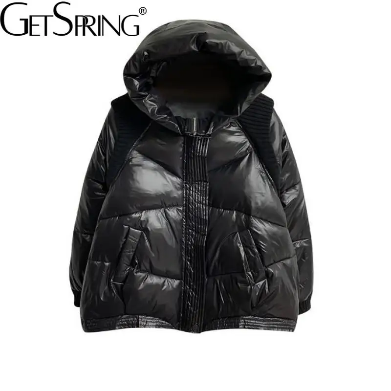 

Getspring женский пуховик с капюшоном, пуховик без рукавов, куртка, черный, белый винтажный Свободный Длинный зимний жилет, пальто, модель 2021 год...
