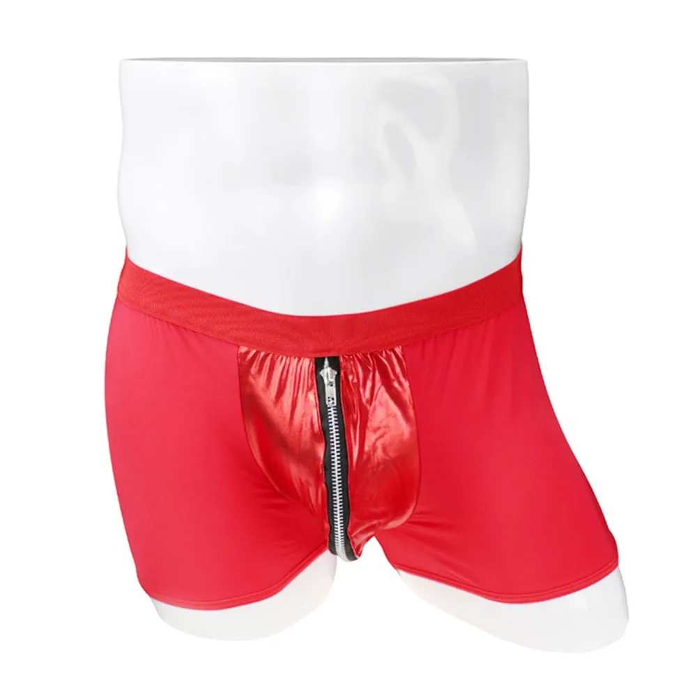 

Men Sexy Fashion Trendy Mid-Waist Ice Silk Imitation Leather Zipper Boxer Briefs Gays Underwear Panties Briefs Gifts For Men