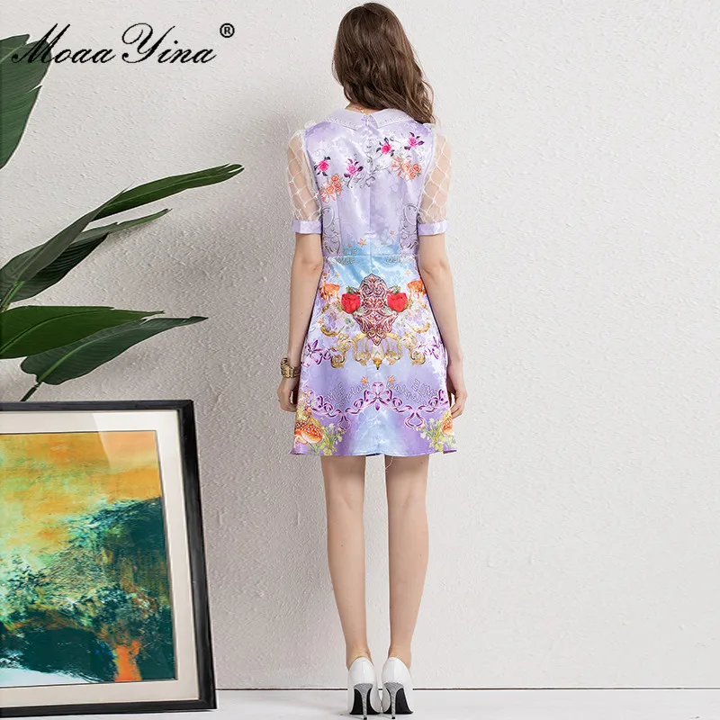 

MoaaYina Fashion Designer Summer Violet Floral Short Dress Women's Turn-down Collar Mesh Short sleeve print Vintage Mini Dress
