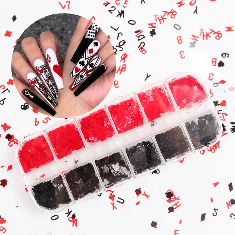 

New Design Poker Nail Sequins Glitter Playing Cards For Nail Accessories Heart/Spade Geometric Flakes Slices Decor In12Girds Box