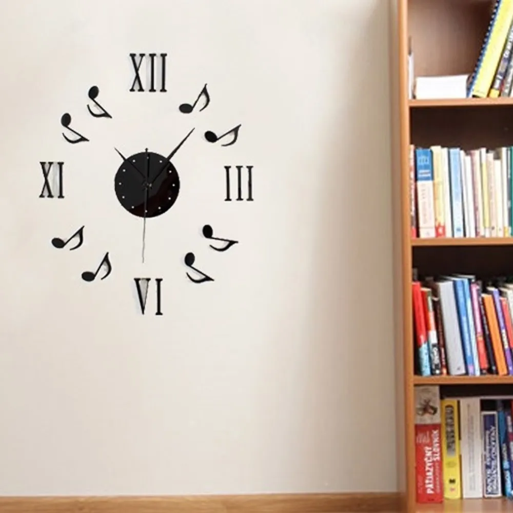 Современные Черные DIY музыкальные ноты зеркальные стильные настенные часы
