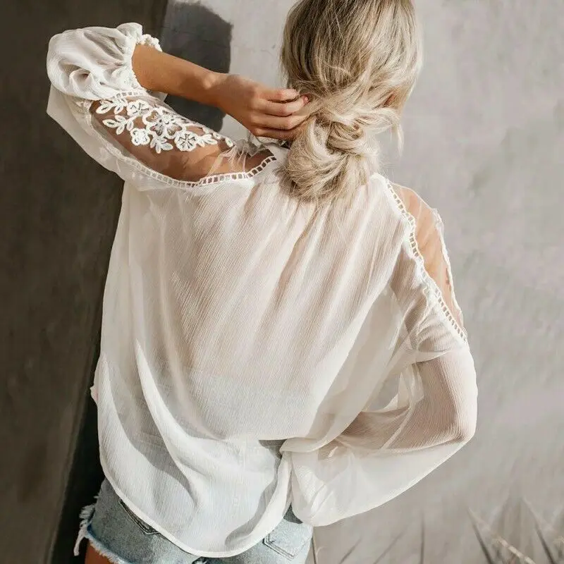 LEH 2019 Vogue Boho Сетка кружевная с цветочным узором и ручкой рубашки