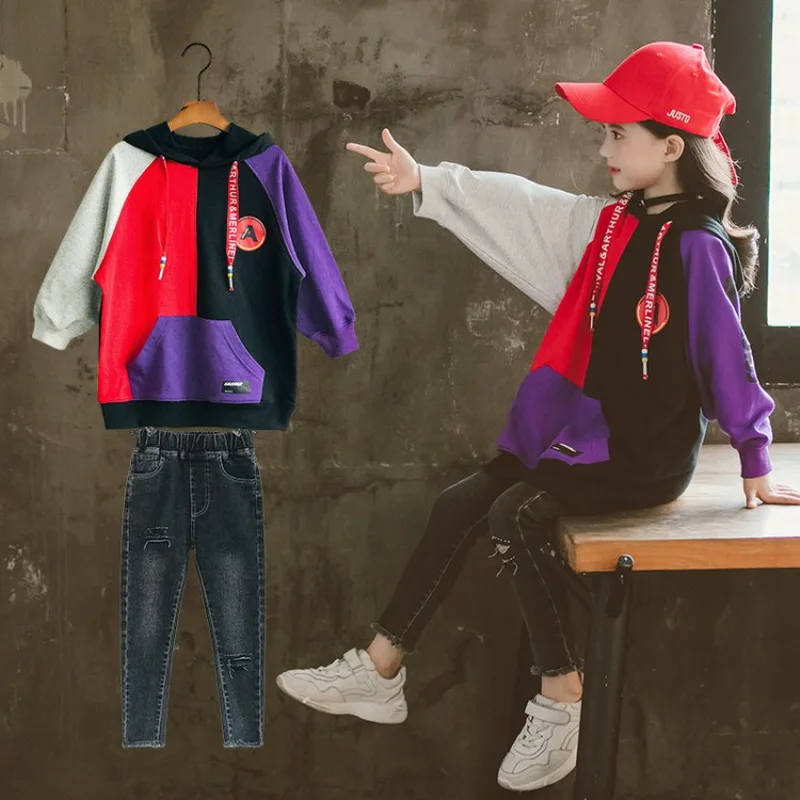 2019 осенний свитер для девочек хлопковый топ с капюшоном + джинсовые штаны