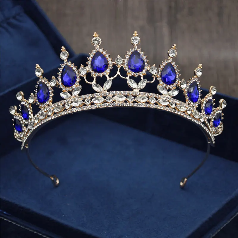 Gold Blue Новая Винтажная тиара в стиле барокко, корона для королевы невесты, розовые хрустальные короны, свадебные модные украшения для волос, свадебные аксессуары - Окраска металла: Gold Blue