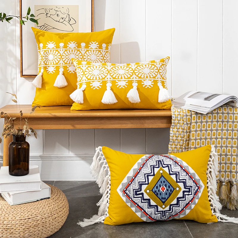 

ARICK Mustard Yellow Cushion Cover 45x45/30x50cm Boho Style Gold Embroidered Cotton Pillow Cover for Living Room Sofa Chair