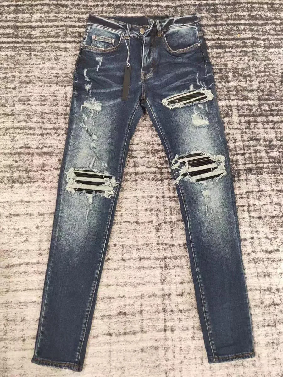 

men mx1 pu leather patch distressed indigo jeans