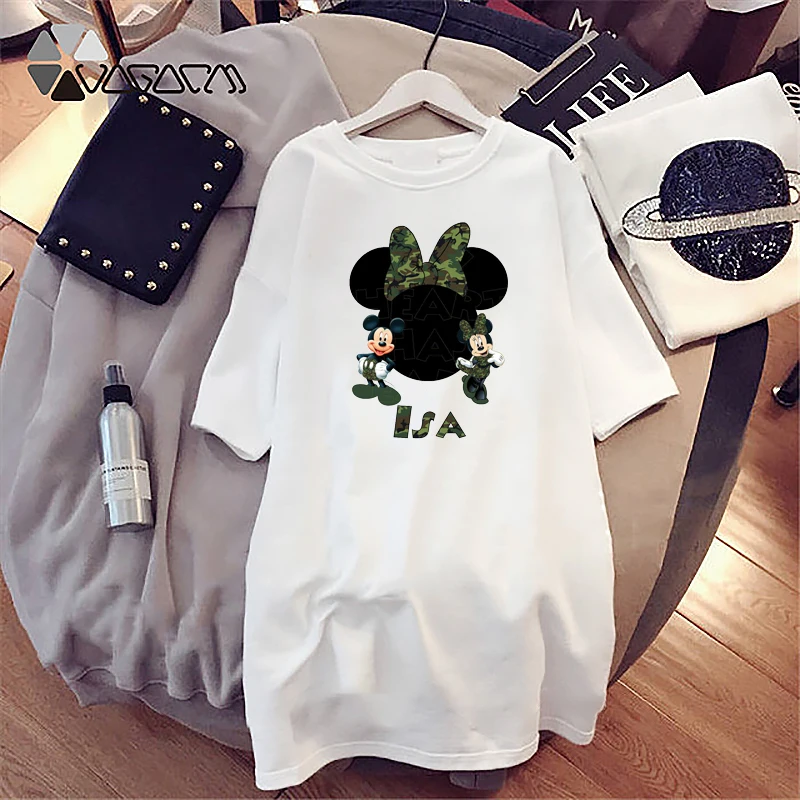 

Summer Tshirt Dresses Casual Lady Leopard Mickey Cartoon Mini Dress Short Sleeve Loose Casual White Harajuku Robes Vestido New