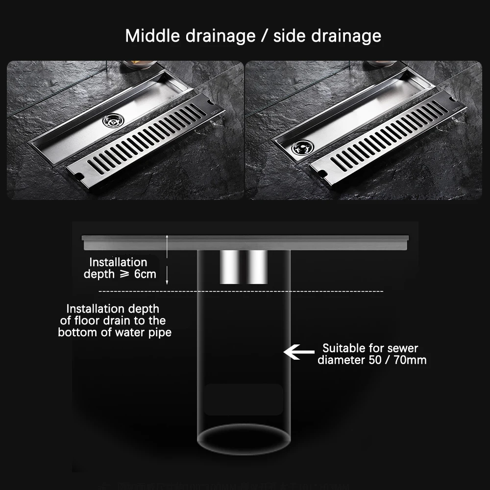 20 80cm side outlet shower drain stainless steel bathroom floor drainage linear waste drain for kithchen free global shipping