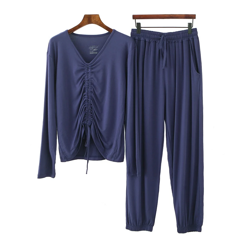 

2020 Oversize Modal Women's Front drawstring Top Long Pants Sets Women Autumn Loose Pajamas Pijama Sleepwear Femme