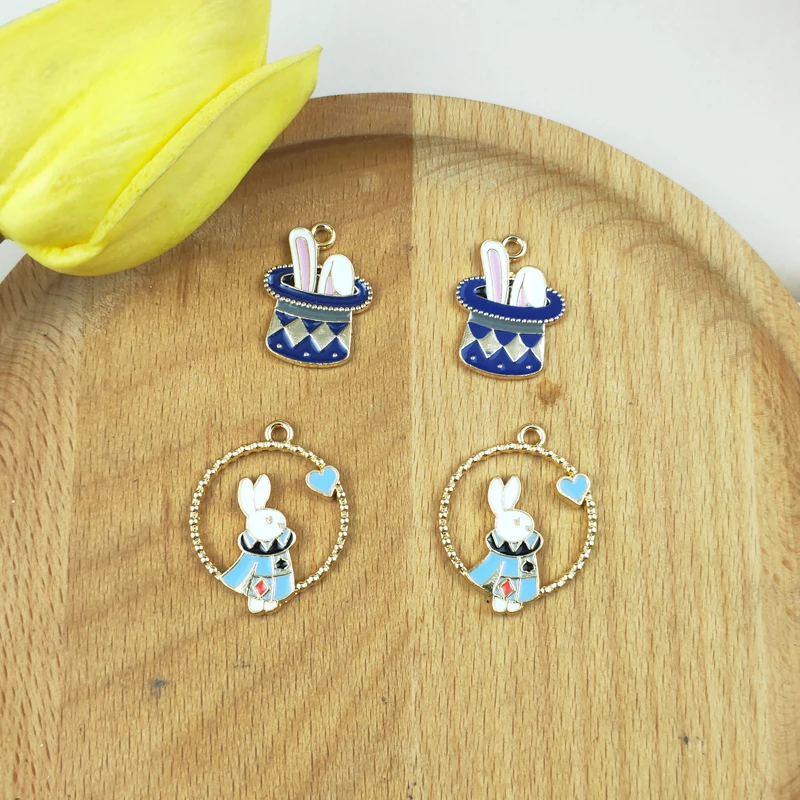 

10pc Oil Drop Cartoon Rabbit Enamel Charms Cute Hat Bunny Metal Pendants Craft Earring Bracelet DIY Jewelry Making Finding