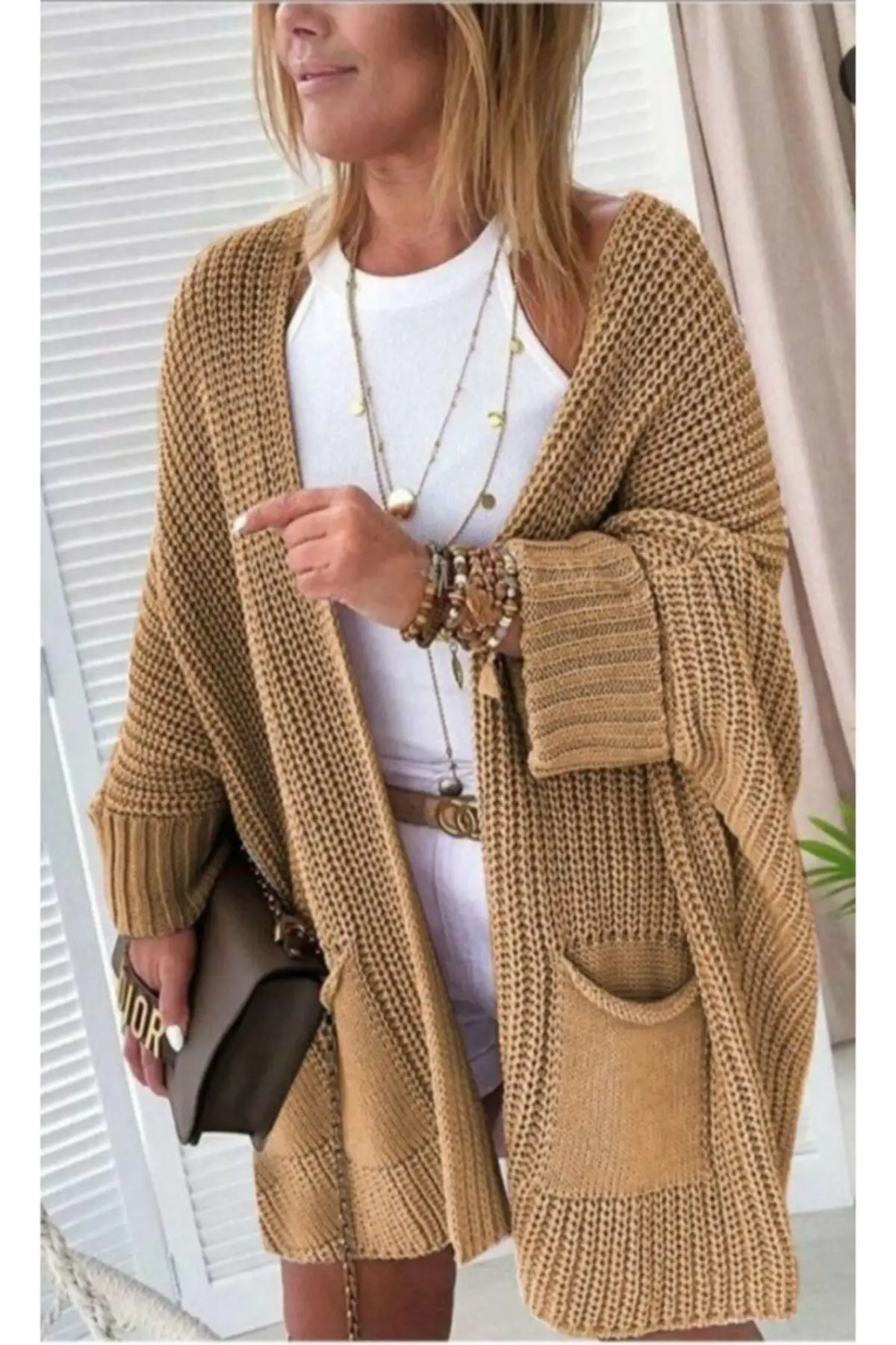 Women's Brown Oversize Mould Long Pockets Knitwear Cardigan