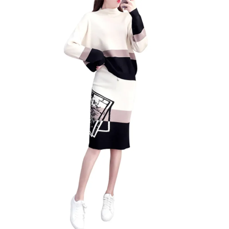 

2019 Fashion Designer Fashion Week New Women's Wear Knitting Suit Long Sleeves Pullover+Fashion Bag Hip skirt Two-Piece Suite