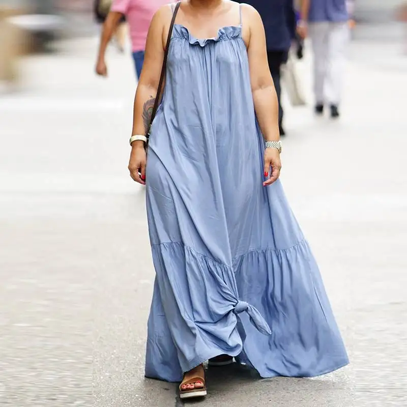Light Blue Летнее Длинное Платье на бретельках, женский сарафан, ZANZEA, женское платье с v-образным вырезом и открытой спиной, стильное платье макси с оборками, женское платье - Цвет: Light Blue