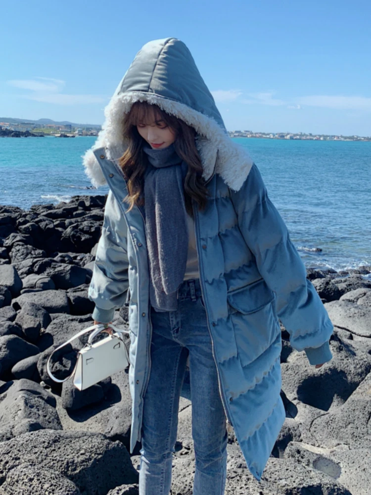 

2020 Womens Winter Long Basic Jackets New Gold Velvet Jacket Women's Loose Casual Hooded Lamb Wool Padded Women Parka Coat