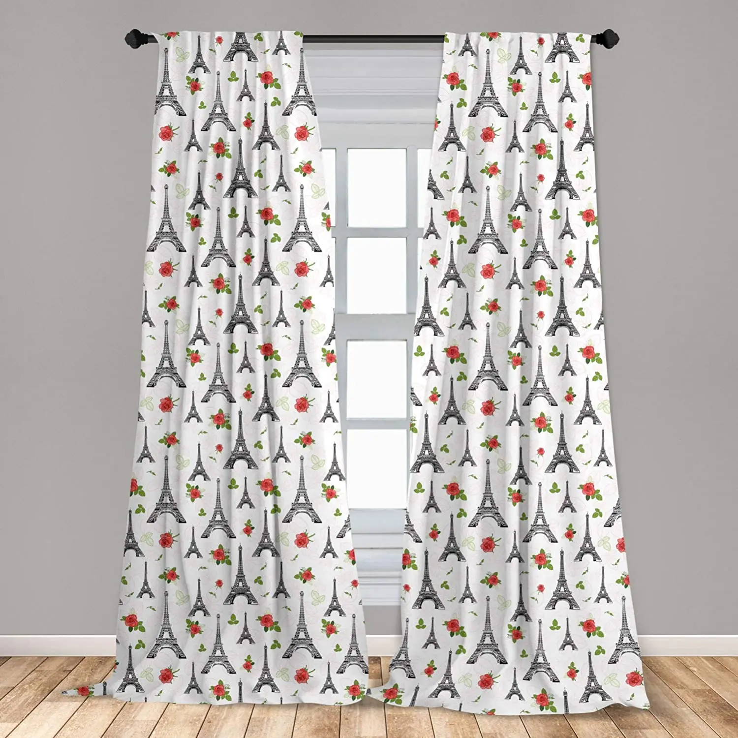 

Eiffel Tower Curtain Repetitive Romantic Pattern with Parisian Landmark Building and Rose Flowers Window Treatment Living Room