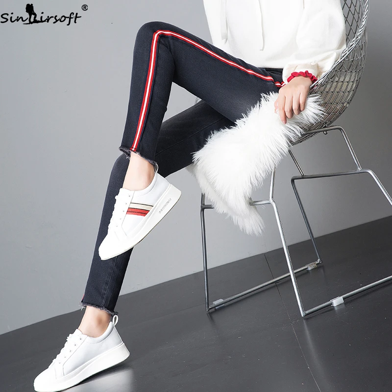 Осенние новые хлопковые мягкие высокие эластичные красные джинсы с лентой