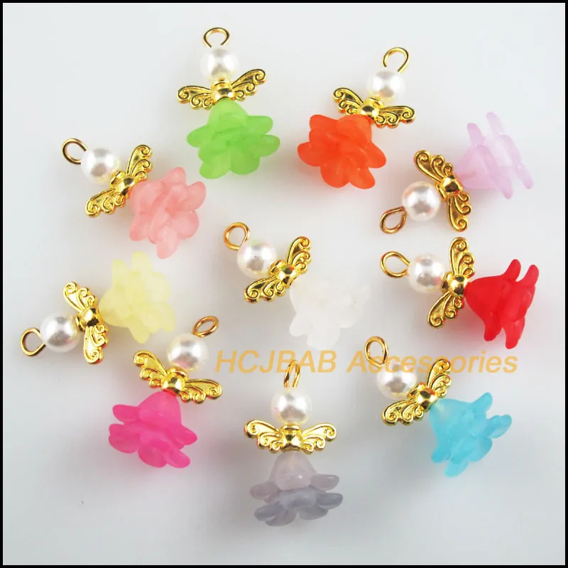 

20 New Tiny Angel Charms Mixed Acrylic Gold Plated Wings Pendants 14x22mm