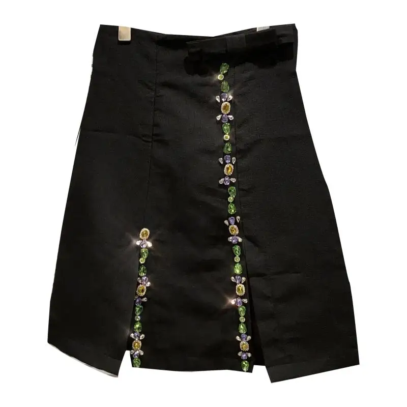 

2021 Summer New Handmade Colorful Rhinestone Beaded Temperament Sheath Skirt Mid Skirt Black Skirt