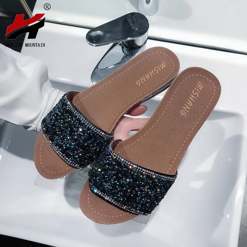 

NAN JIU MOUNTAIN Women 2020 Summer Leather Outdoor slippers Fashionable Wild Rhinestone Sequins Flat Slippers Plus Size Shoes