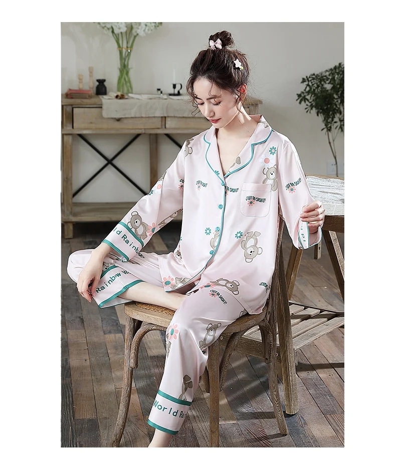 

Silk Pajamas for Women 2021 Spring&Autumn Satin Thin Long Sleeve Cardigan Nightwear Sweet Cute Cartoon Printed Homewear 2pcs Set