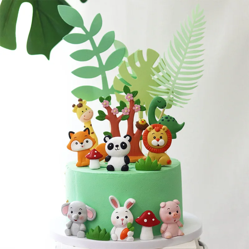 

Cartoon Woodland Animals Cake Topper Jungle Safari Dinosaur Cupcake Decor Cute Forest Loin Rabbit 1st Boy Birthday Cake Decor