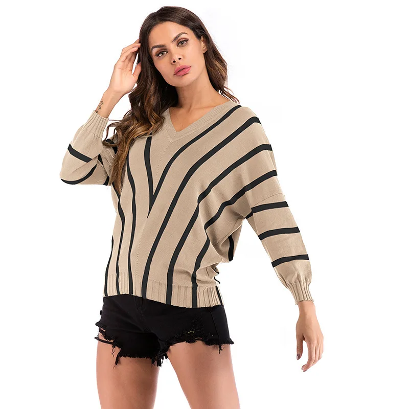 Fall / winter 2020 European and American women's wear wish express hot sale stripe V-Neck Sweater bat sleeve bottom coat | Женская