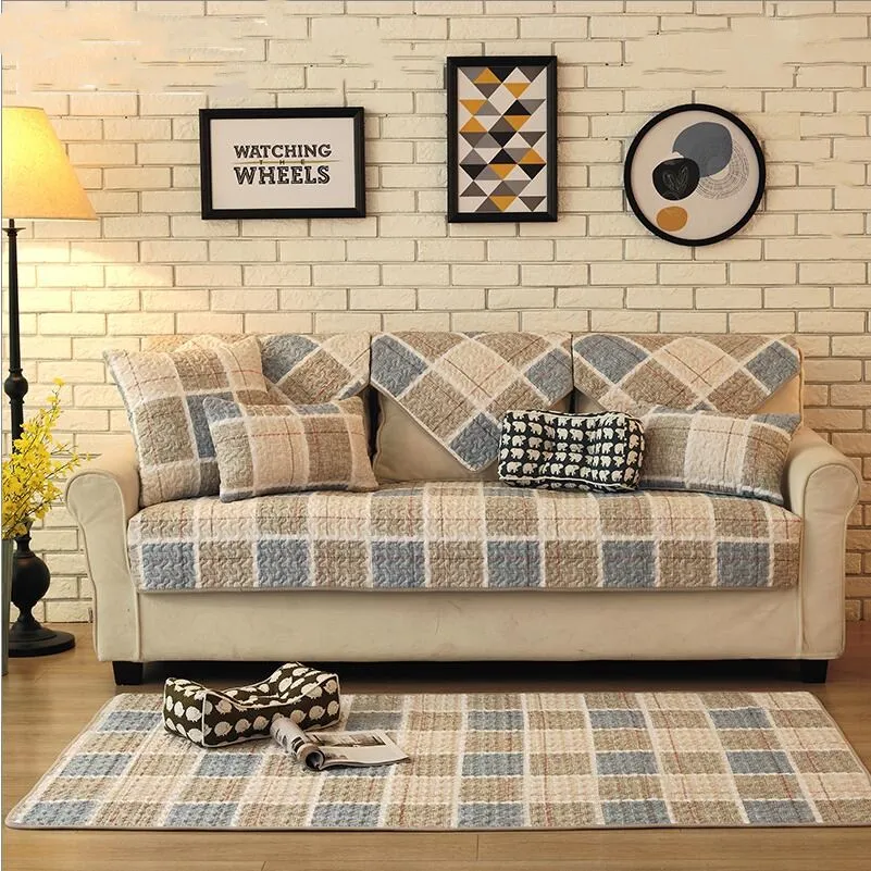 Хлопковый чехол для дивана бежевый клетчатый подушки подлокотника полотенце
