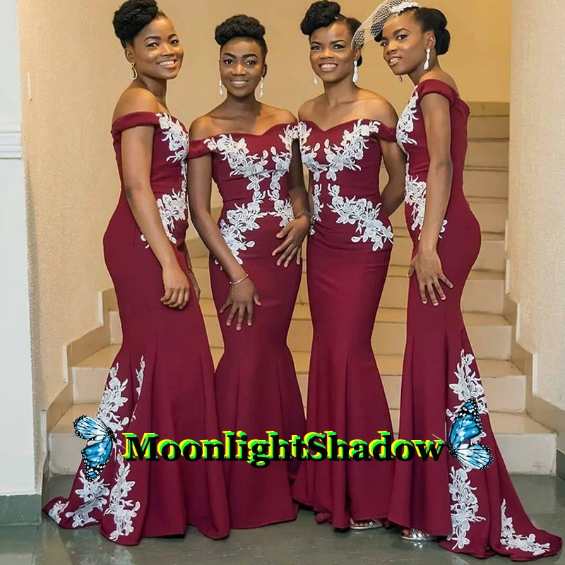 

Burundy Satin Evening Dress Mermaid Off The Shoulder White Applique Arabic Saudi Arabian Vestidos De Festa Prom Custom Made