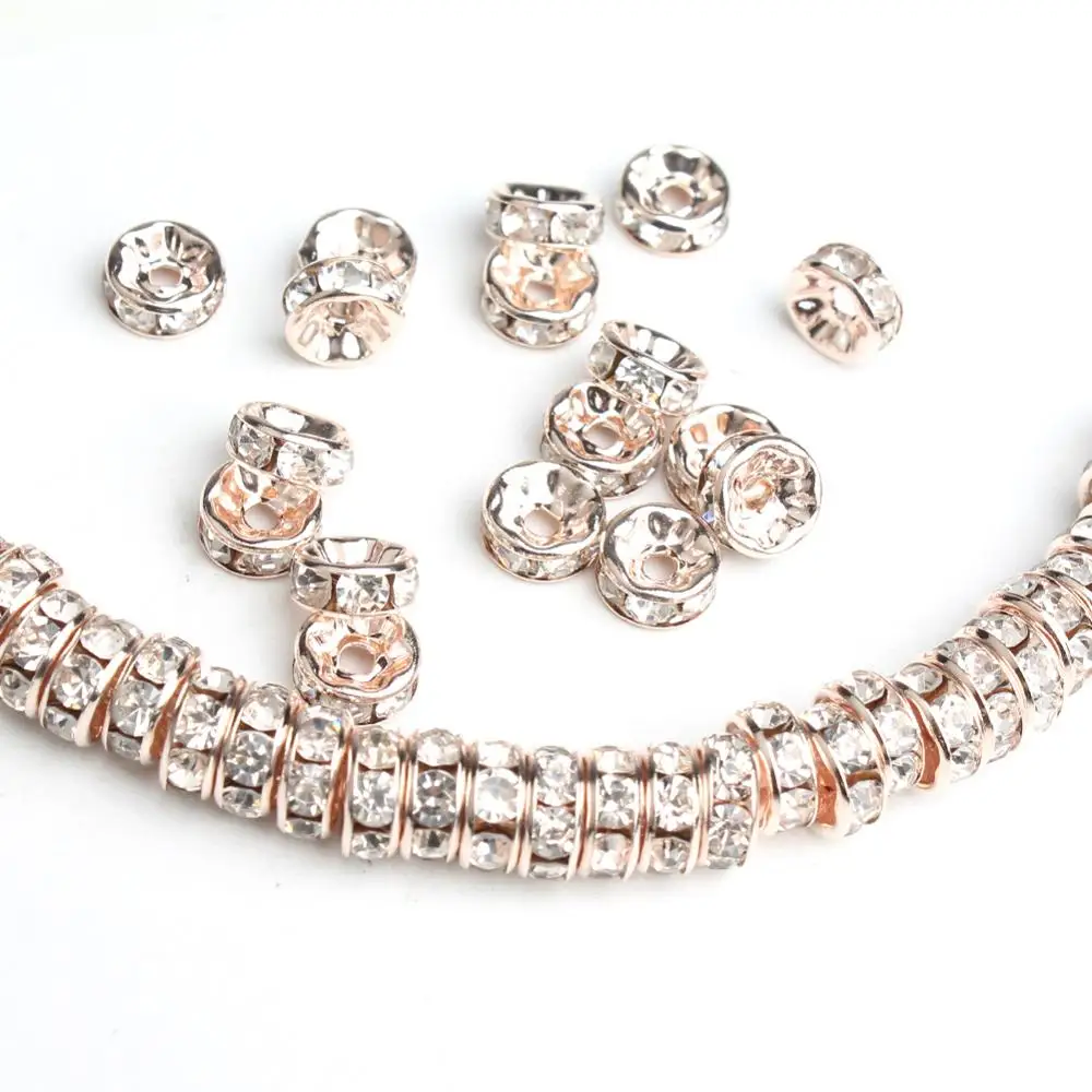

4/6/8 мм розовое золото Стразы бусинки Rondelle, с украшением в виде кристаллов бусина с большой дырой Свободные Spacer Бусины для изготовления ювели...