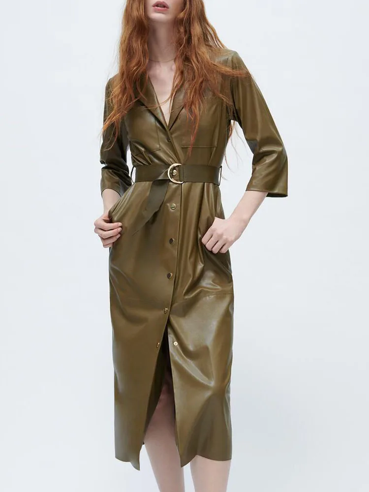 

ZA new women's fashion retro waist slim-fit imitation leather shirt style belted single-breasted pocket long dress