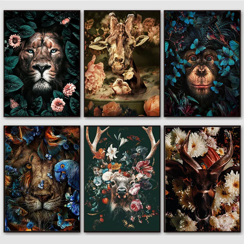 Панда стержень Лев Олень джунгли Картина на холсте настенный плакат