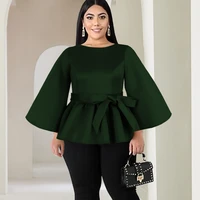 plus size flare sleeve tops tunics high waist belt zipper ruffles loose green vintage classy blouses office work women outfits