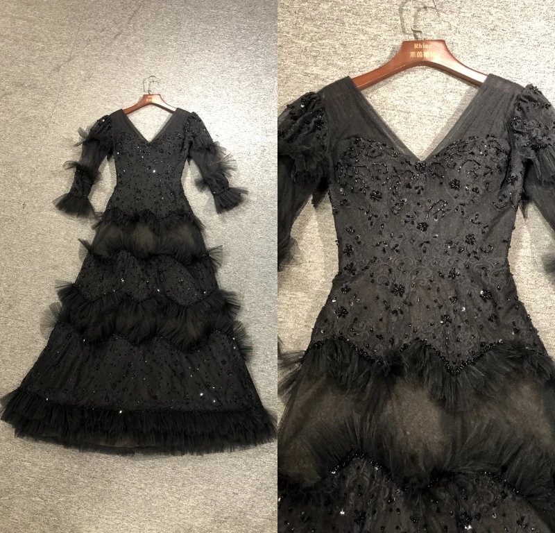 

Черное кружево с бусинами, ТРАПЕЦИЕВИДНОЕ ПЛАТЬЕ С Длинными Рукавами, платье в пол для вечеринки, выпускного вечера, танцевальное платье, ве...