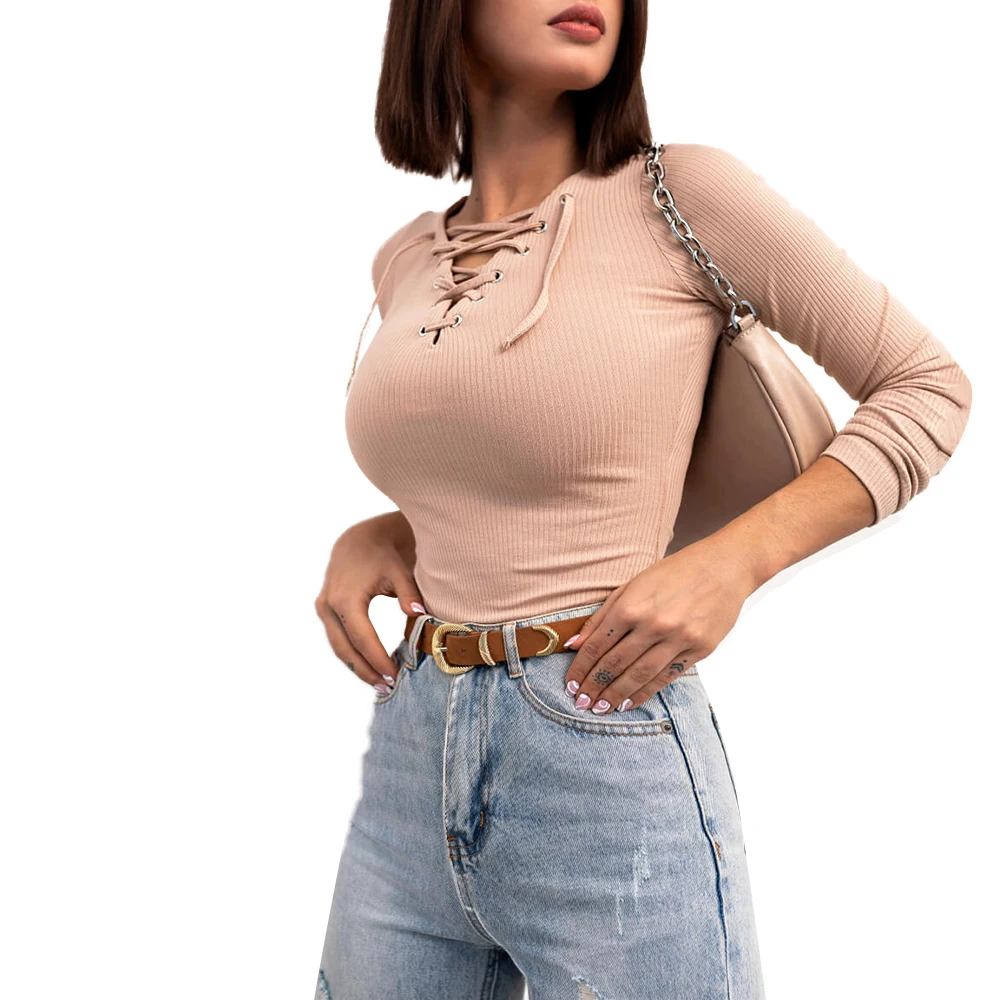 

Women Long Sleeve Sexy V-Neck Pullover Casual Tie-Front Solid Color Slim Fit Tops Elegant Bodycon Sheath Soft Shirt Female Tees