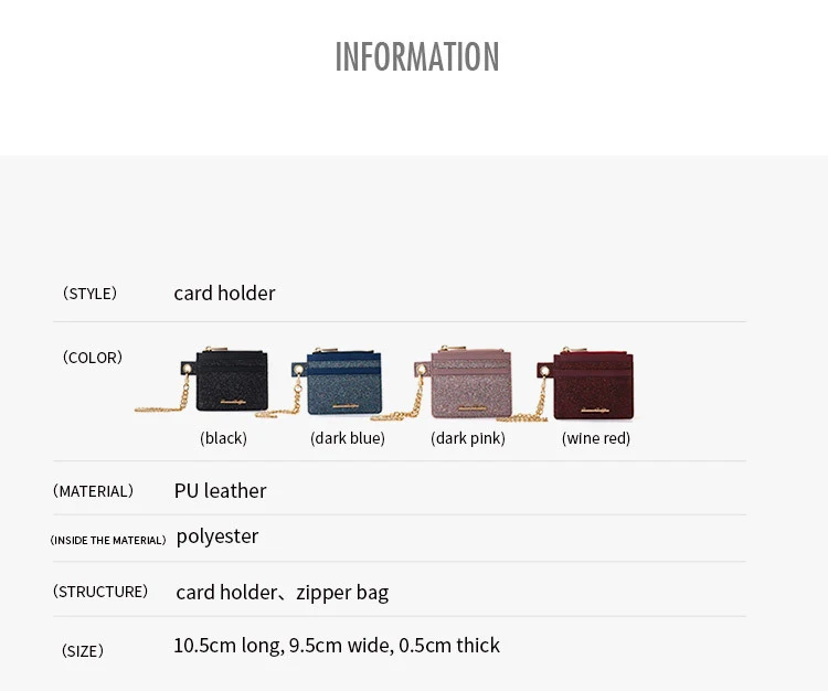 

Women Fashion Card Holder Chains Design Wallet Purse Zipper Card Bag Clutches Mini Women Wallet Sequin Card Holder for Women Sac
