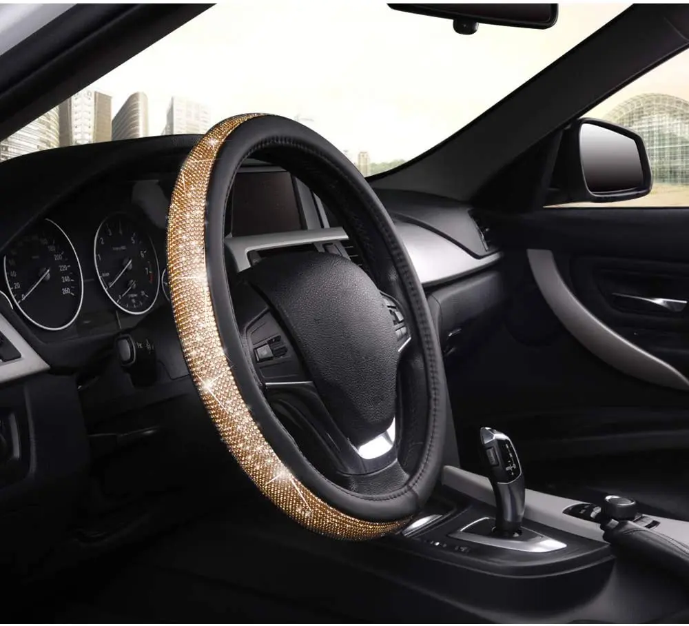 

Car Bling Steering Wheel Cover For Women Pu Leather with Crystal Rhinestones Universal for 37 To 38 Cm Shiny Car Accessories
