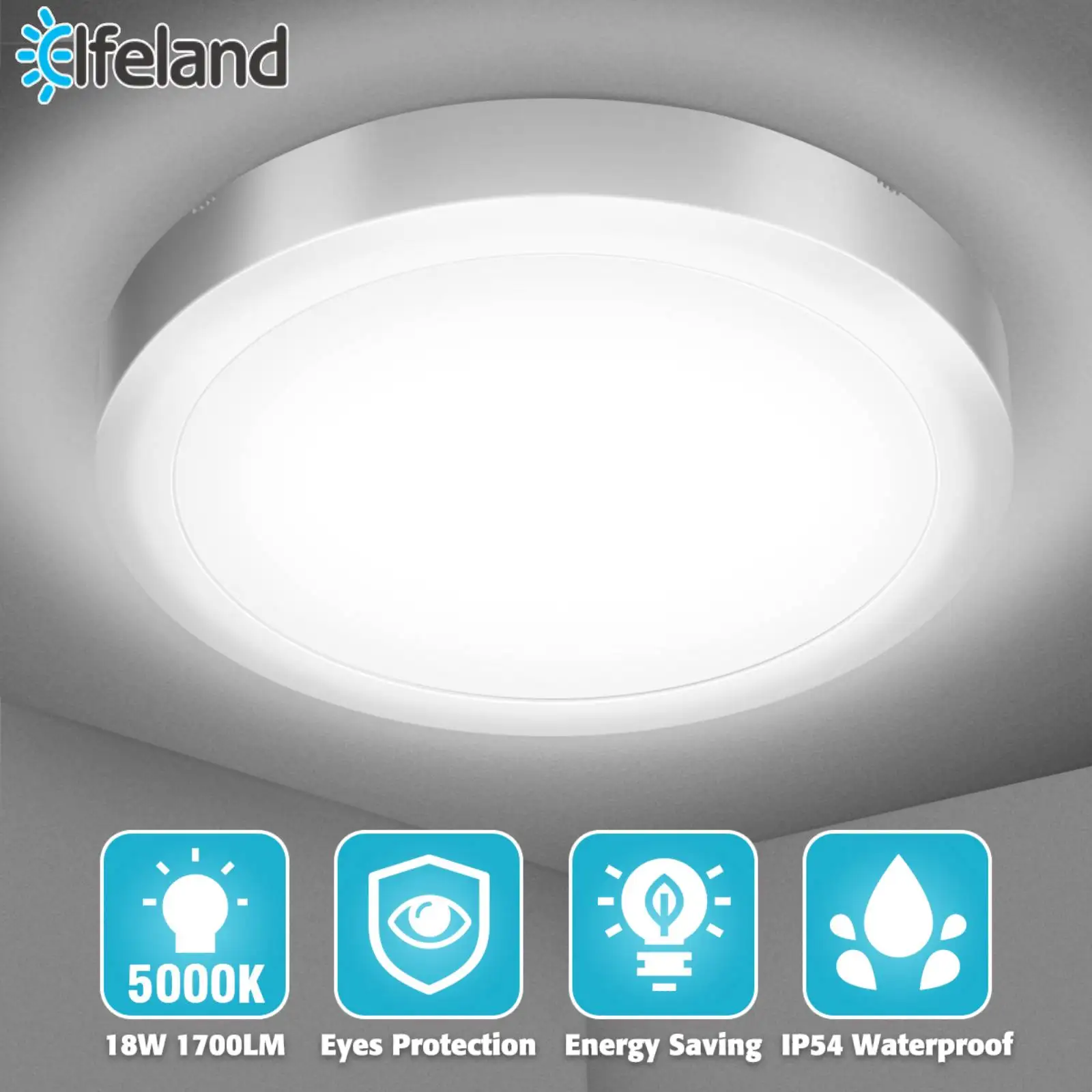 Elfeland LED Ceiling Light 18W 23CM 2835 SMD Modern Plating Round AC85-265V 5000K for Indoor Bedroom Lighting Energy Saving