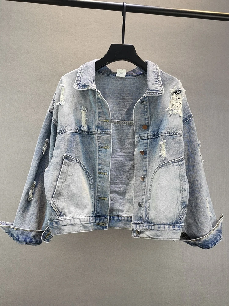 

2021 Spring New Denim Jacket for Women Harajuku Holes Beads Batwing Sleeves Jeans Coat Casual Loose Cropped Jackets Chaqueta