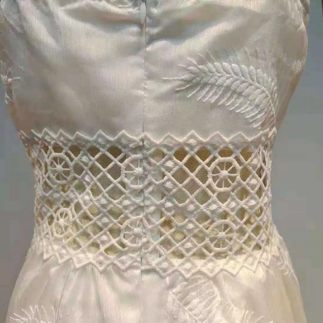 

[DEAT] Sexy Deep V High Waist Lace Patchwork Sleeveless Hollow Out Embroidery White Suspender Long Dress Women 2021 Summer GX997