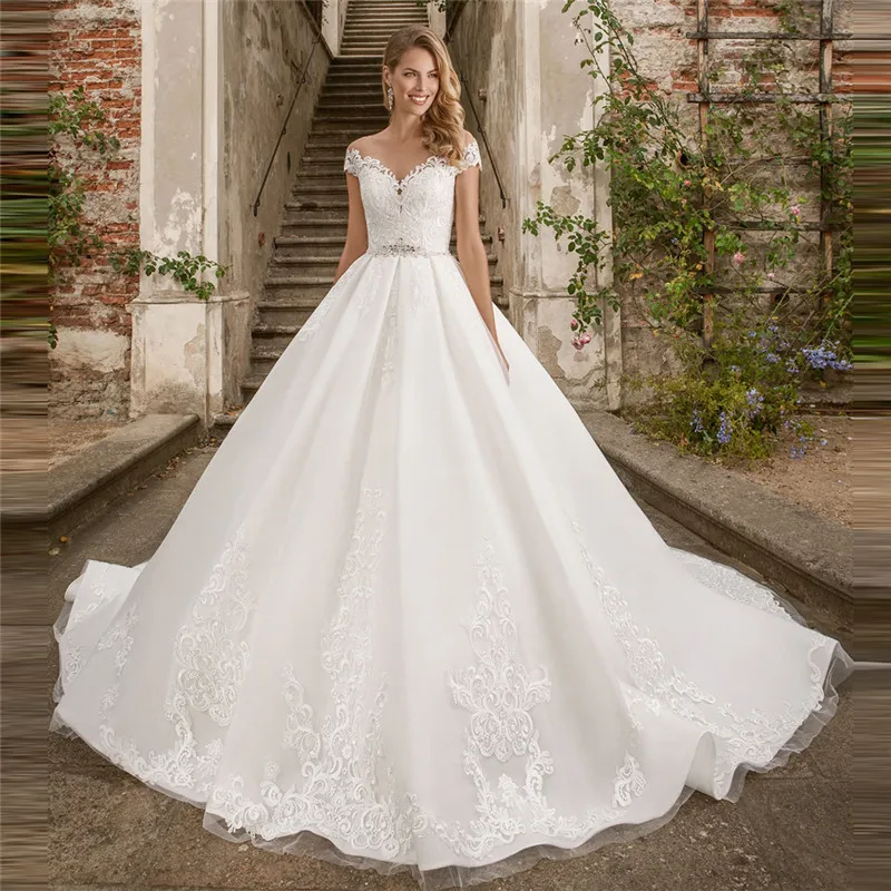 

2021 Прозрачное платье с круглым вырезом и короткими рукавами с кружевной аппликацией, свадебное платье с пуговицами для сада, женское весенн...