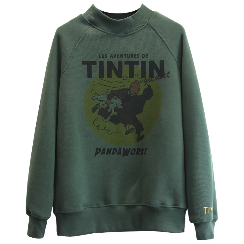 

New Spring Autumn Women Pullovers High Collar Hoodies Cartoon Printing Long Sleeve Loose Cotton Top All-match Sweatshirts Female