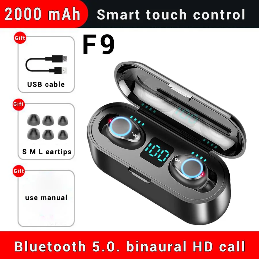 F9 2000mAh TWS V5.0 Bluetooth наушники Беспроводная гарнитура спортивные беспроводные стерео наушники HIFI наушники с микрофоном для телефона - Цвет: F9 2000mAh