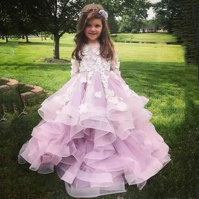 

Lovely Jewel Long Sleeves Flower Girls Dresses With White Applique Puffy Brithday Gowns Tiered Ruffle Custom Made Party Dresses