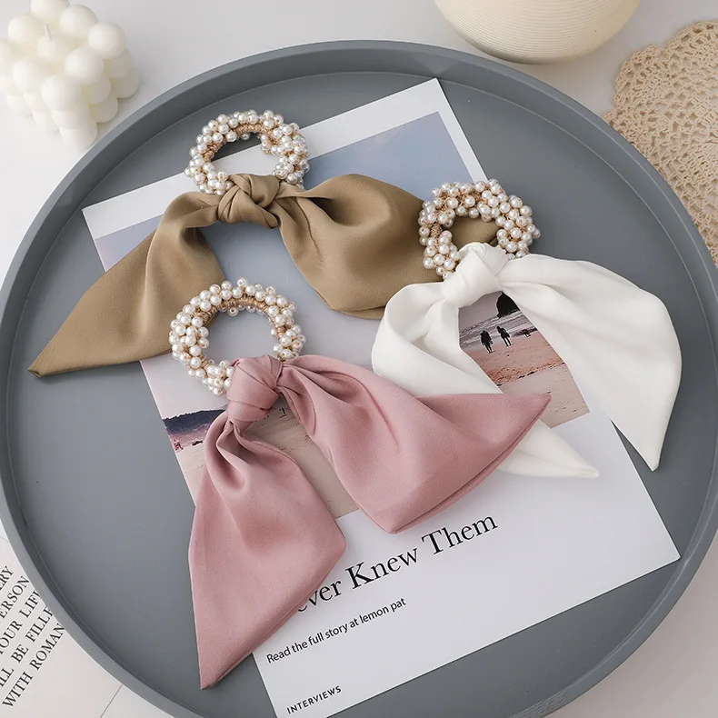

Wholesale women romantic Satin bow with beads hair scrunchies girl's Accessories Ponytail Holder