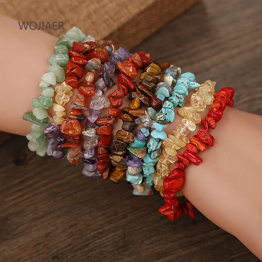 WOJIAER Wholesale Reiki Natural Stone 7 Chakra Bracelets Healing Crystal Bracelet Chipped Gravel Beads Gifts for Women ZBM068 | Украшения и