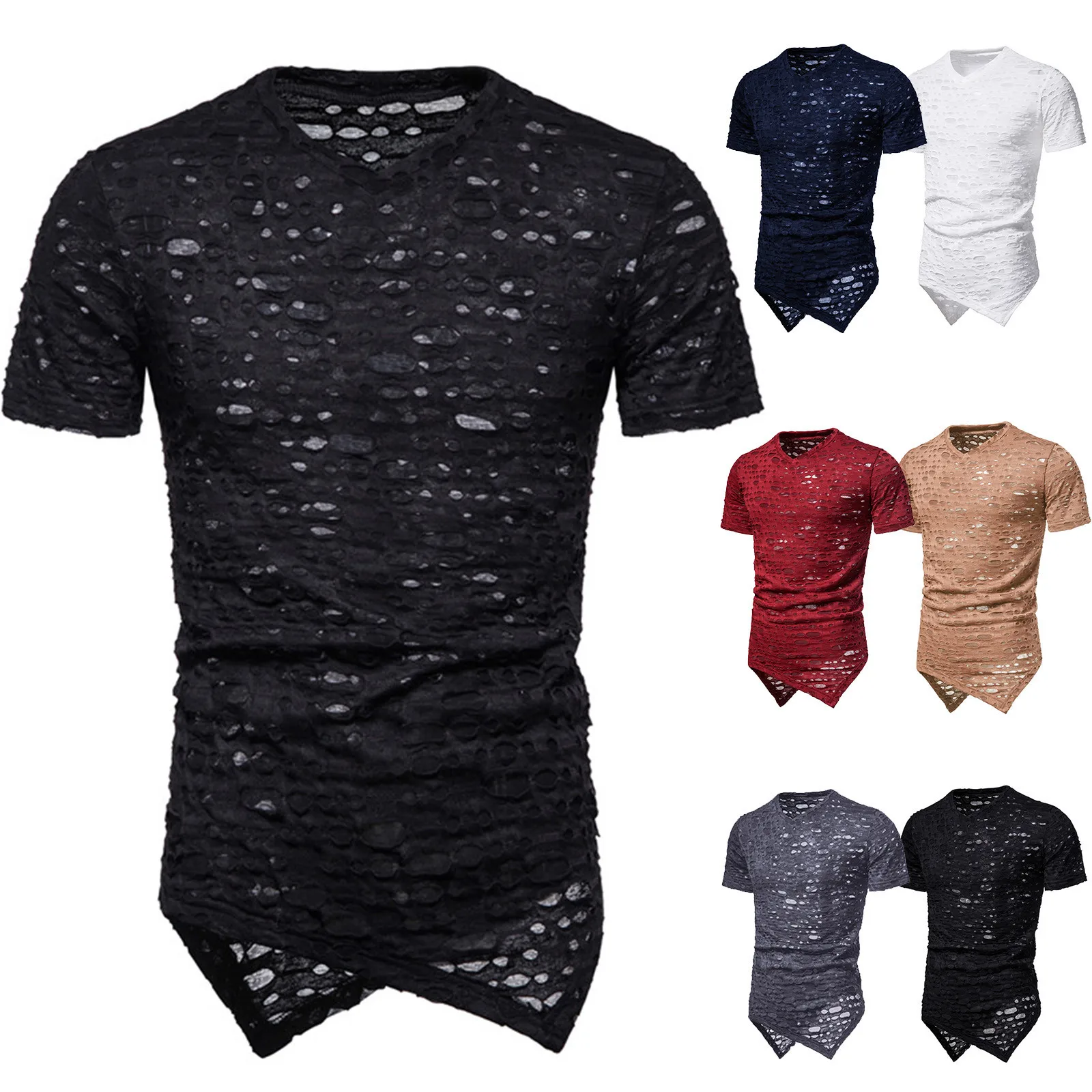 

2021 New Men's Short-sleeved Fashion V-neck Solid Color Ripped Hollow Top Pullover Summer T-shirt Top Футболка Мужская