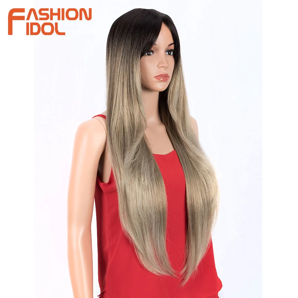 FASHION IDOL 32Inch Synthetic Wig Long Straight With Bangs Wigs For Black Women High Temperature Fiber 613 Cosplay Fake Hair | Шиньоны и