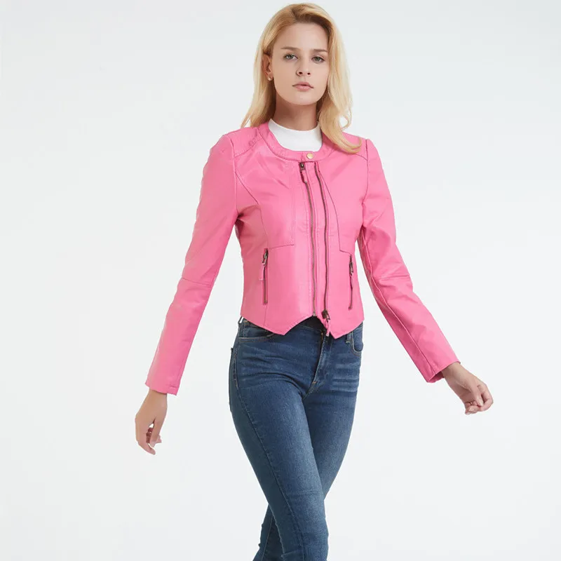 

Куртка женская короткая из полиуретановой кожи, с круглым вырезом и двойной молнией