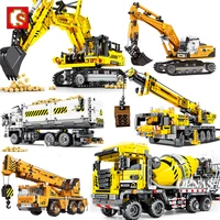sembo high tech technique city engineering forklift crane excavator mixer truck vehicle moc model building blocks toy boys gifts